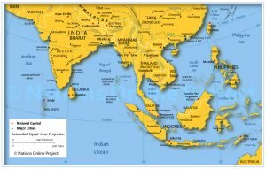 It highlights countries such as India, Sri Lanka, Bangladesh, Myanmar, Thailand, Laos, Cambodia, Vietnam, Malaysia, Indonesia, the Philippines, Singapore, and Brunei.

Major bodies of water are labeled, including the Indian Ocean, Bay of Bengal, South China Sea, and Philippine Sea.

Country boundaries are clearly marked, and capital cities are indicated with symbols.

The map uses different colors to distinguish countries, making regional geography easy to understand.
